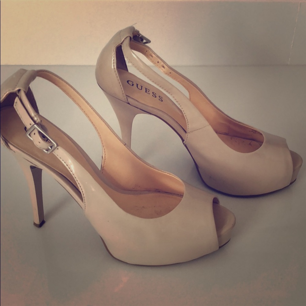 Nude, peep toe heels